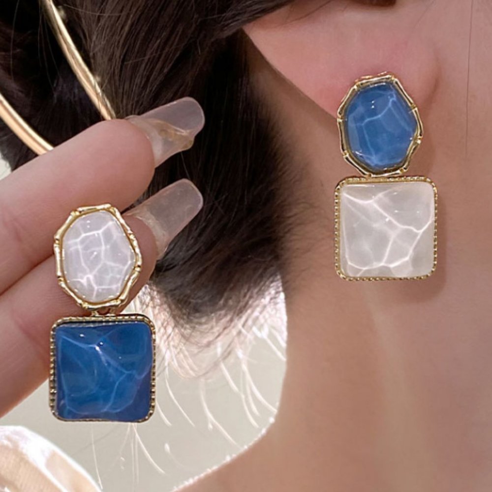 Blue and white square and circle asymmetrical earrings
